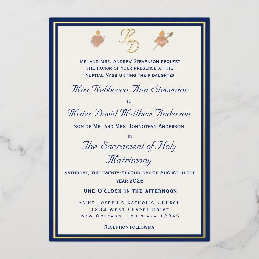 Blue & Gold Two Hearts Catholic Wedding Invitation 箔招待状 (正面)