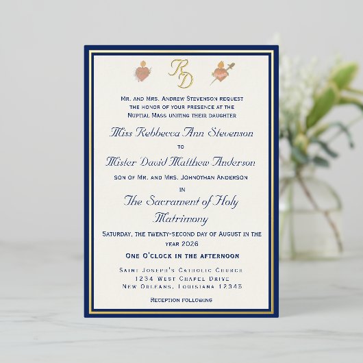 Blue & Gold Two Hearts Catholic Wedding Invitation 箔招待状 (立ち正面)