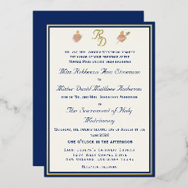 Blue & Gold Two Hearts Catholic Wedding Invitation 箔招待状