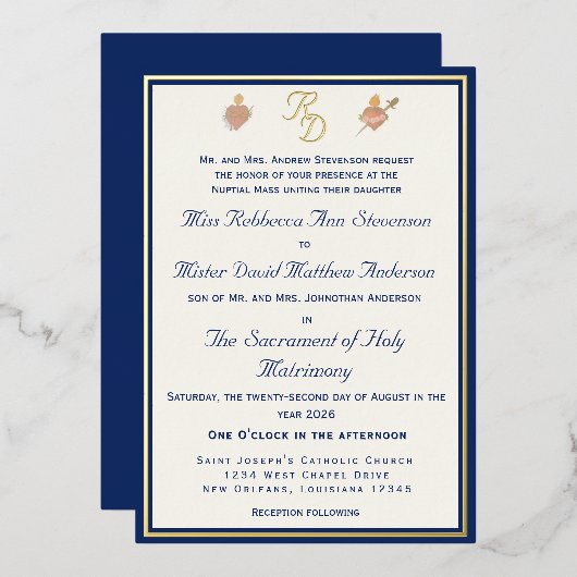 Blue & Gold Two Hearts Catholic Wedding Invitation 箔招待状 (正面/裏面)