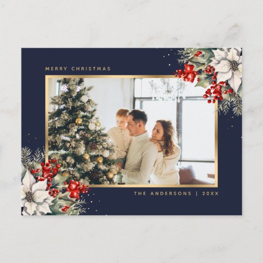 Blue Gold Watercolor Botanical Photo Christmas シーズンポストカード (正面)
