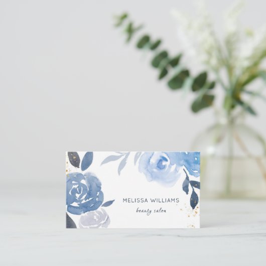 Blue Gold Watercolor Flowers 名刺 (スタンド正面)