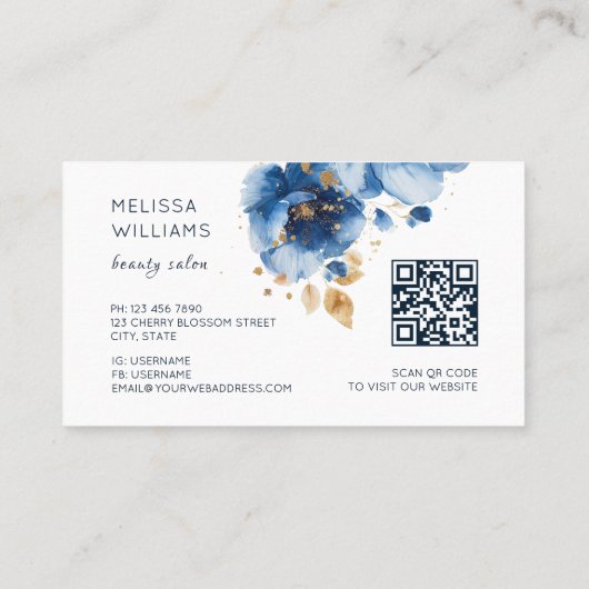 Blue Gold Watercolor Flowers 名刺 (裏面)