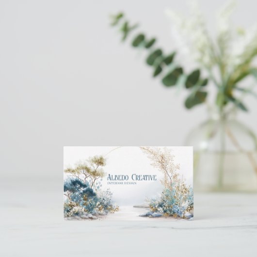 Blue Gold Watercolor Foliage Serene Landscape 名刺 (スタンド正面)