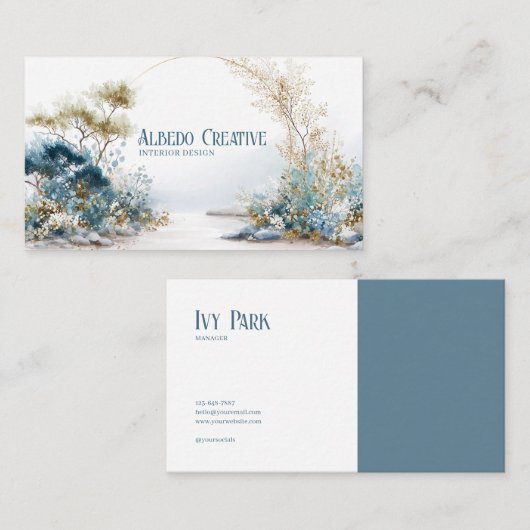 Blue Gold Watercolor Foliage Serene Landscape 名刺 (正面/裏面)