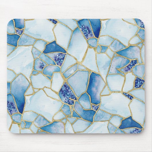 Blue Gold Watercolor Sea Glass Mosaic Pattern マウスパッド (正面)