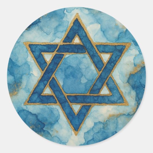 Blue Gold Watercolor Star Of David Abstract ラウンドシール (正面)