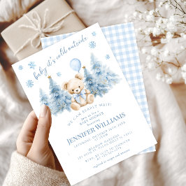 Blue Gold Winter Trees Teddy Bear  Baby Boy Shower 招待状