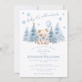 Blue Gold Winter Trees Teddy Bear  Baby Boy Shower 招待状 (正面)