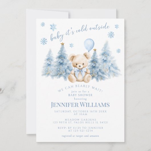 Blue Gold Winter Trees Teddy Bear  Baby Boy Shower 招待状 (正面)