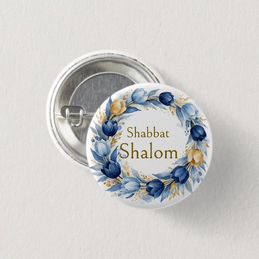 Blue Gold Wreath, Shabbat Shalom Watercolor Glam 缶バッジ (正面&裏面)