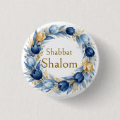 Blue Gold Wreath, Shabbat Shalom Watercolor Glam 缶バッジ (正面)