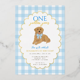 Blue Golden Retriever Puppy Pawty 1st Birthday 箔招待状