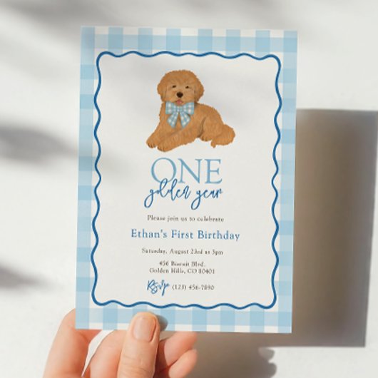 Blue Goldendoodle Dog Golden Year First Birthday 招待状