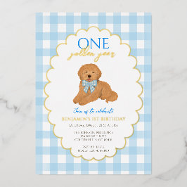 Blue Goldendoodle Puppy Dog Pawty 1st Birthday 箔招待状