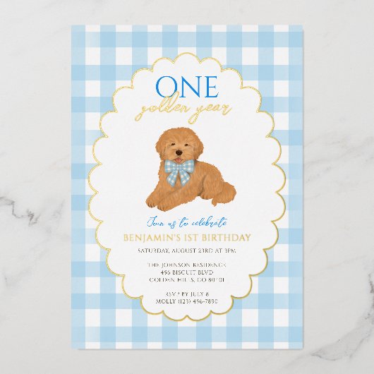 Blue Goldendoodle Puppy Dog Pawty 1st Birthday 箔招待状 (正面)