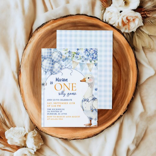 Blue Goose First Birthday Invite Cute Gingham Farm 招待状