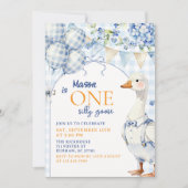 Blue Goose First Birthday Invite Cute Gingham Farm 招待状 (正面)