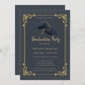 Blue Grad Cap Frame Geometric Blue Graduation 招待状 (正面/裏面)