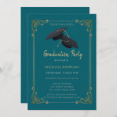 Blue Grad Cap Frame Teal Graduation 招待状 (正面/裏面)