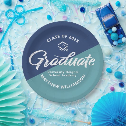 Blue Graduation Bold Retro Script Cap Icon Minimal ペーパープレート (パーティー)