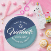 Blue Graduation Bold Retro Script Cap Icon Minimal ペーパープレート (パーティー)