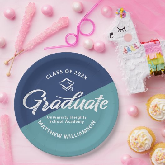 Blue Graduation Bold Retro Script Cap Icon Minimal ペーパープレート (パーティー)