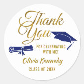 Blue Graduation Cap Gold Thank You Script Favor ラウンドシール (正面)