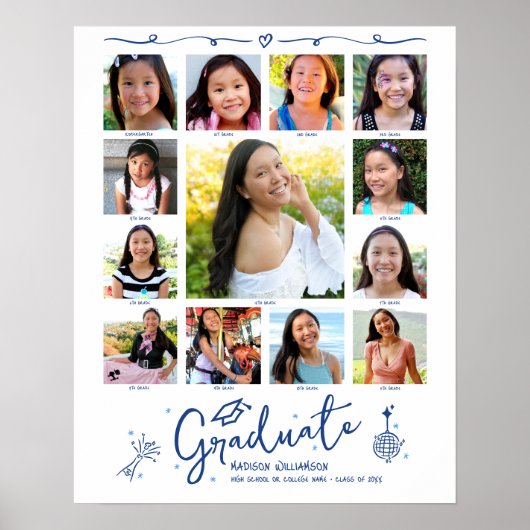 Blue Graduation K–12 Photo Collage Doodles White ポスター (正面)