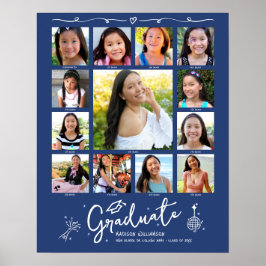 Blue Graduation K–12 Photo Collage White Doodles ポスター