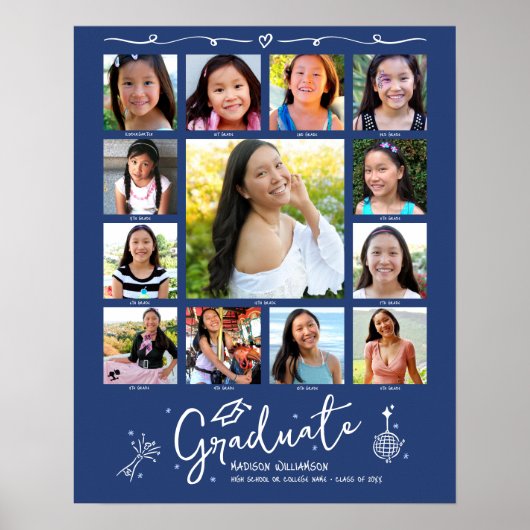 Blue Graduation K–12 Photo Collage White Doodles ポスター (正面)