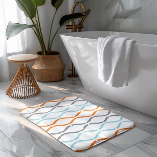 Blue, gray and orange funky stripes pattern バスマット