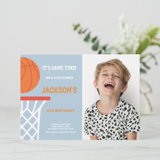 Blue Gray Background Basketball Invitations photo 招待状 (スタンド正面)