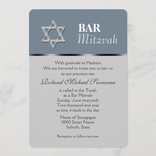Blue gray bar mitzvah celebrations 招待状 (正面)