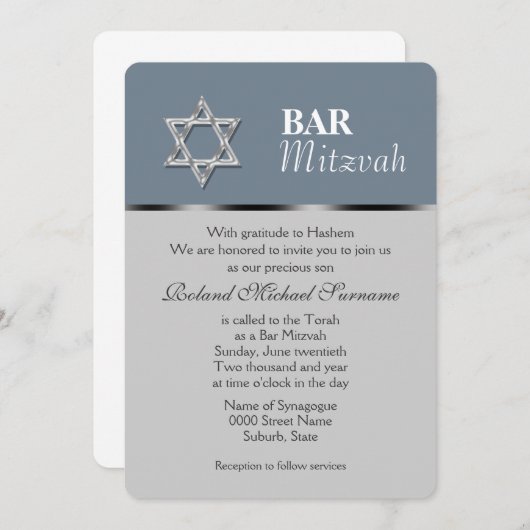 Blue gray bar mitzvah celebrations 招待状 (正面/裏面)