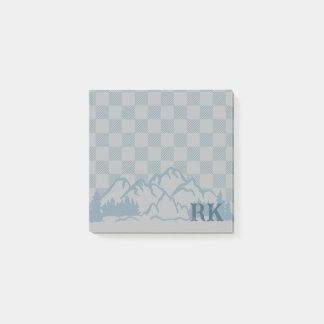 Blue Gray Check Pattern Rustic Mountains Monogram ポストイット