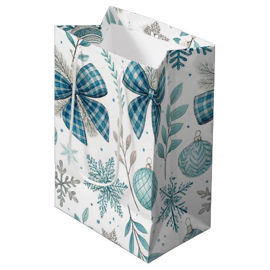 BLUE & GRAY CHRISTMAS BALLS & BOWS ミディアムペーパーバッグ (正面アングル)
