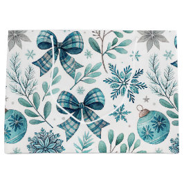 BLUE & GRAY CHRISTMAS BALLS & BOWS ラージペーパーバッグ