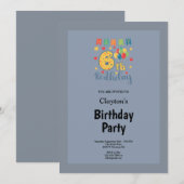 Blue/Gray Framed 6th Birthday Partyへの招待 招待状 (正面/裏面)