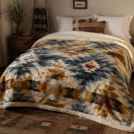 Blue Gray Mustard Southwestern Geometric Aztec シェルパブランケット