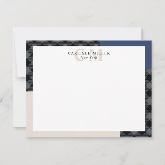 Blue Gray Plaid Colorblock Monogram Name & City ノートカード (正面)
