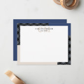 Blue Gray Plaid Colorblock Monogram Name & City ノートカード (正面/裏面インサイチュ)