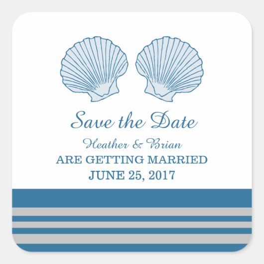 Blue Gray Seashells航海の日付の保存 スクエアシール (正面)