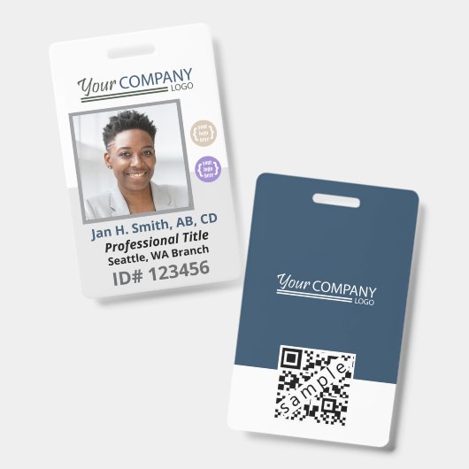 Blue-Gray White Employee Photo ID、ロゴ、QRコード バッジ (正面&裏面)