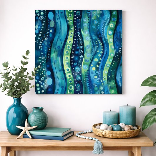 Blue Green Abstract Wave Watercolor Wall Art ポスター