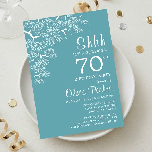 Blue Green Aqua Pine Branch Surprise 70th Birthday 招待状