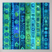 Blue Green Boho Stripe Watercolor Wall Art ポスター (正面)