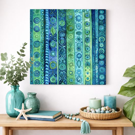 Blue Green Boho Stripe Watercolor Wall Art ポスター