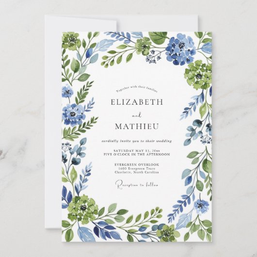 Blue Green Botanical Whimsical Wedding 招待状 (正面)