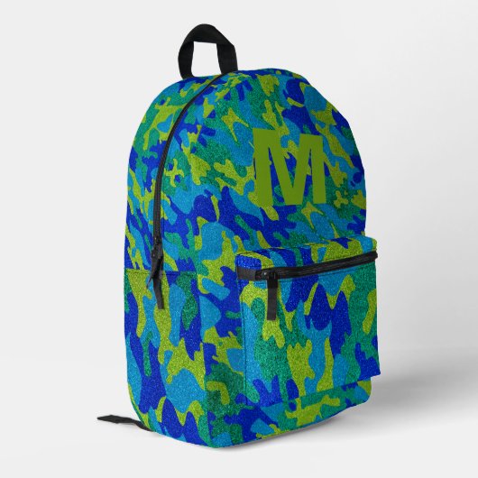 Blue Green Camouflage Glitter Outdoorsy Monogram プリントバックパック (裏面左端)